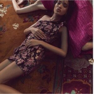 For Love & Lemons Luella Metallic Floral Jacquard One-Shoulder Mini Dress Black